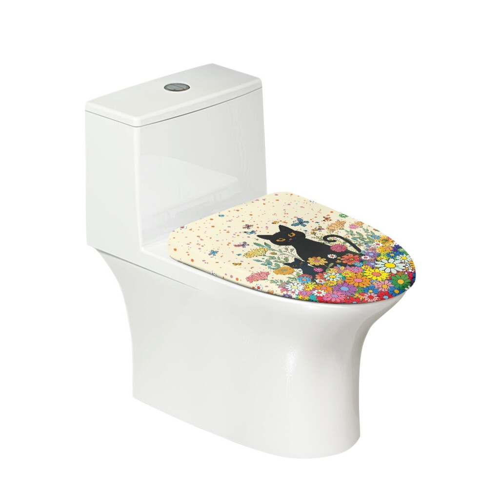 Cat Butterfly Flower Print Universal Fit Toilet Lid Cover, Washable & Stretchable Fabric, Compatible With Most Lids 9422877016792