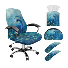 Peacock Print Stretchable Office Chair Cover Set with Armrest Protectors, 5-Comp Remote Holder & Foldable Tissue Cover, S