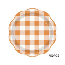 Fall Harvest Gingham Paper Plates, 7", Orange/White Plaid, Disposable Autumn Tableware – Compatible with Thanksgiving, BBQ, Picnic (50 Pcs)