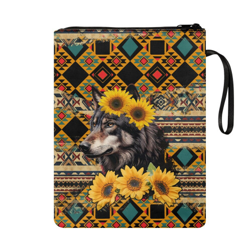 Polyester Book Protector & Organizer with Handle – Compatible with Stationery, Accessories, Wolf Head, Sunflowers 1