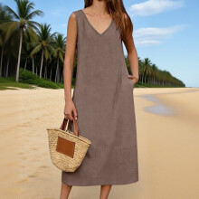 Damenkleid mit V-Ausschnitt, A-Linien-Schnitt, lockerer Passform und Taschen