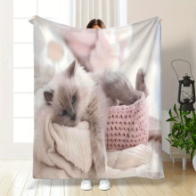 Contemporary Style Cat Print Flannel Throw Blanket - Soft Warm Cozy Knitted Polyester Blanket for Bed, Chair, Sofa, Office, Travel, Hiking, Camping