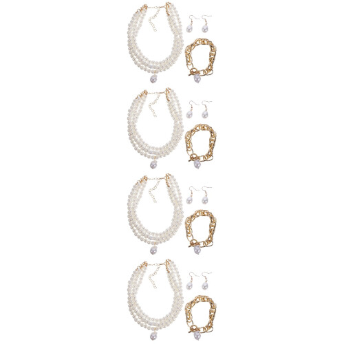 4Sets Elegantes Perlen Schmuckset Damen Ohrringe Halskette Armband