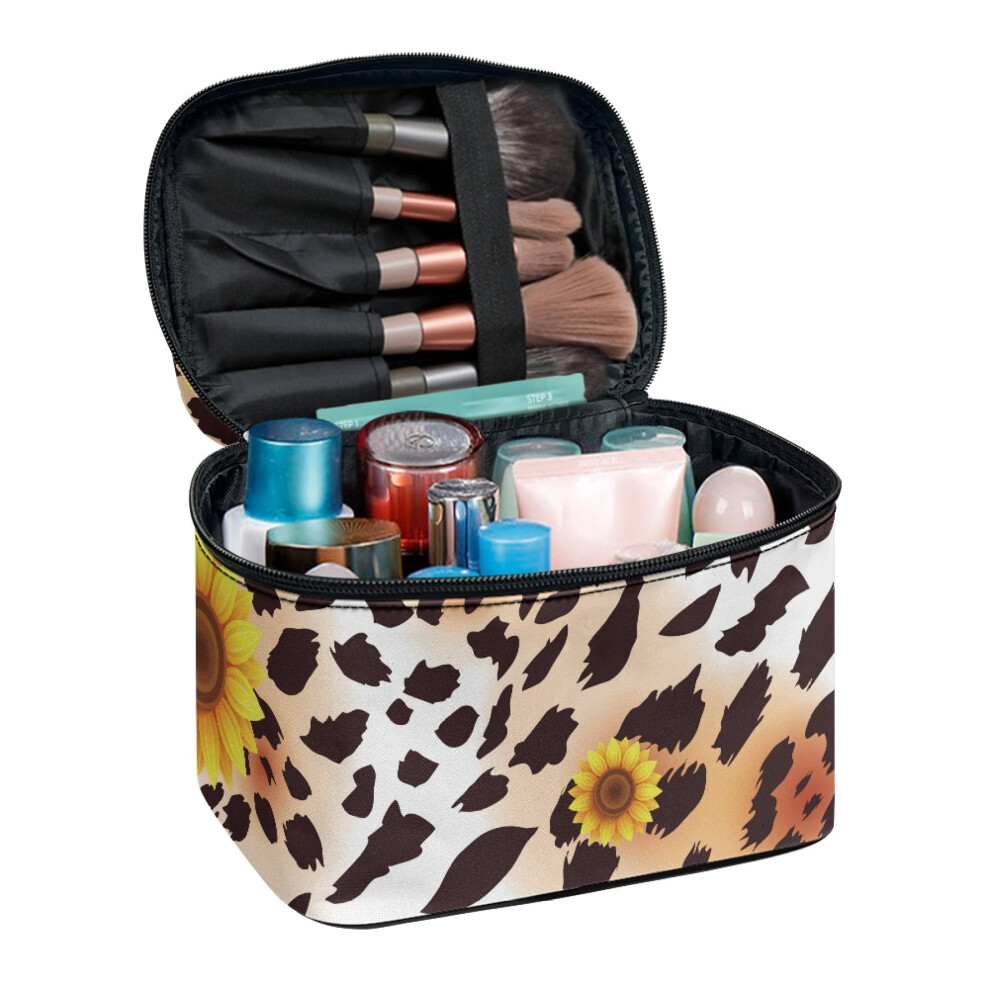 Cow Print Sunflower Makeup Brush Bag Large Capacity with
