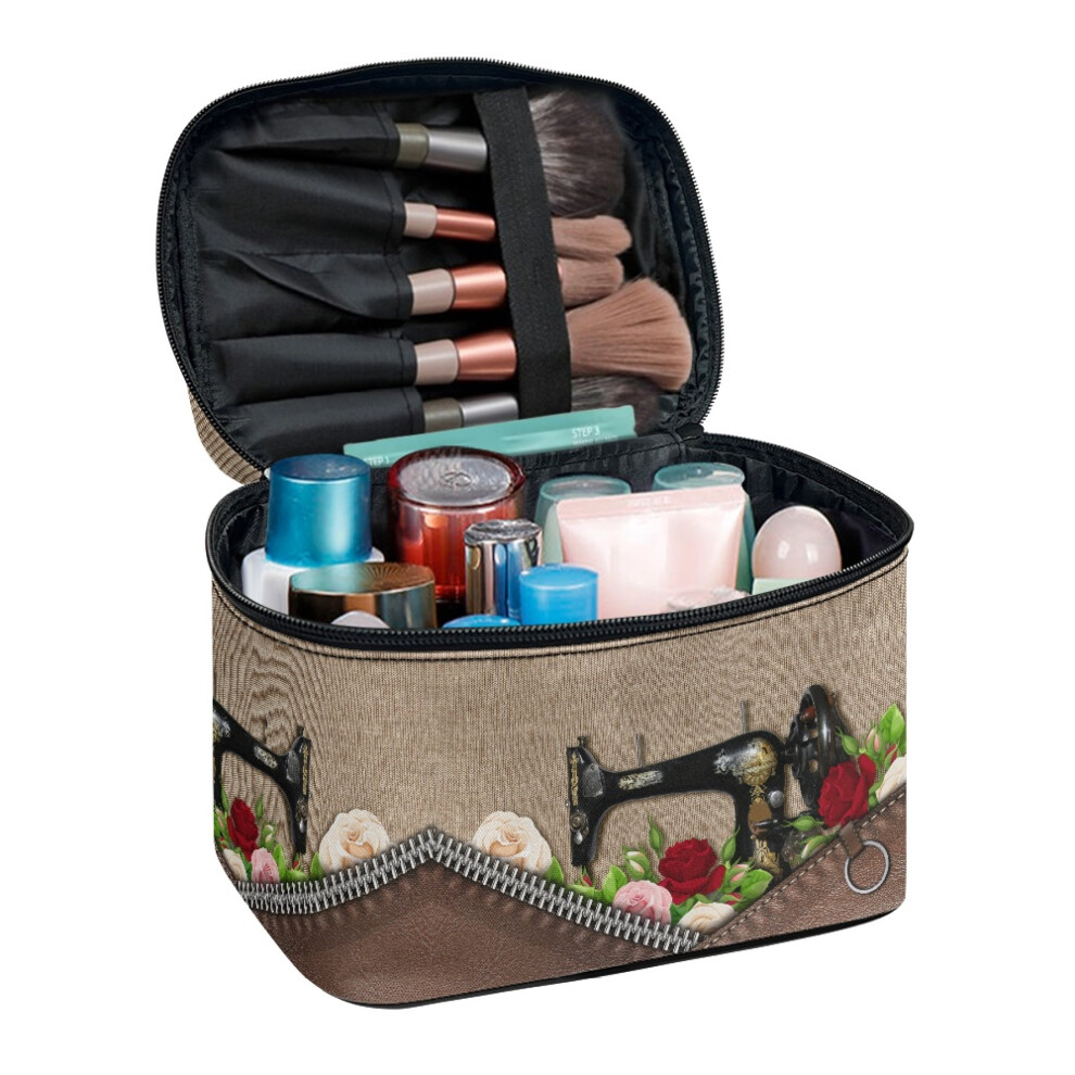 Sewing Machine Rose Pattern Cosmetic Bag Zipper Multi-Function Makeup Organizer with Brush Holder Friend Desktop