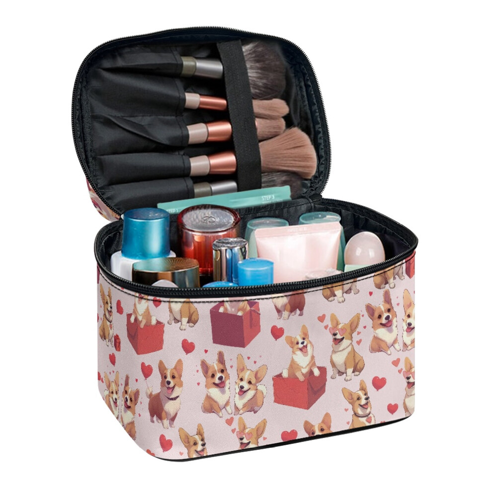 Cosmetic Makeup Bag with Brush Slots Cosmetic Organizer Bag Case Desktop Portable and Durable Heart-Shaped Corgi Pattern