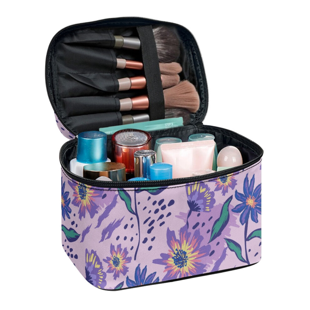 Purple Floral Makeup Travel Case Polyester with Brush