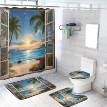 4-Piece Tropical Shower Set: Curtain, Non-Slip Rug, Toilet Lid Cover & Bath Mat + 12 Hooks (72x72")