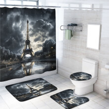 Paris Eiffel Tower Bathroom Set: Shower Curtain, Rugs, Lid Cover & Mat (72x72"), Cityscape Decor