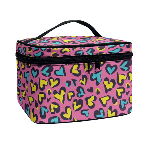 Heart-shaped leopard print makeup bag with brush slots and 1