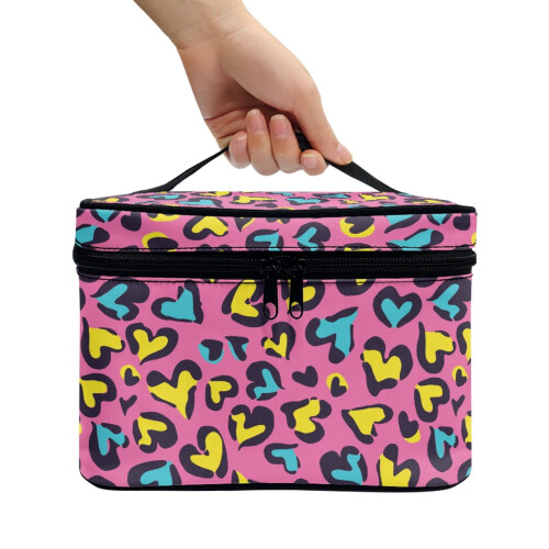 Heart-shaped leopard print makeup bag with brush slots and 2