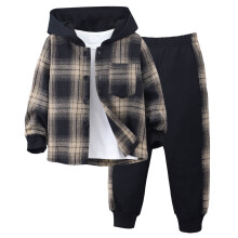 Boys Clothes Button Down Long Sleeve Hoodie Pullover Plaid Sweatshirt and Pants 2pcs Fall Winter Outfit Set Brown 6 Years