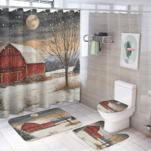 4-Pc Red Barn Winter Snow Shower Curtain Set w/ Rugs, 72"x72", Farmhouse Bathroom Decor, Compatible with Standard Rods