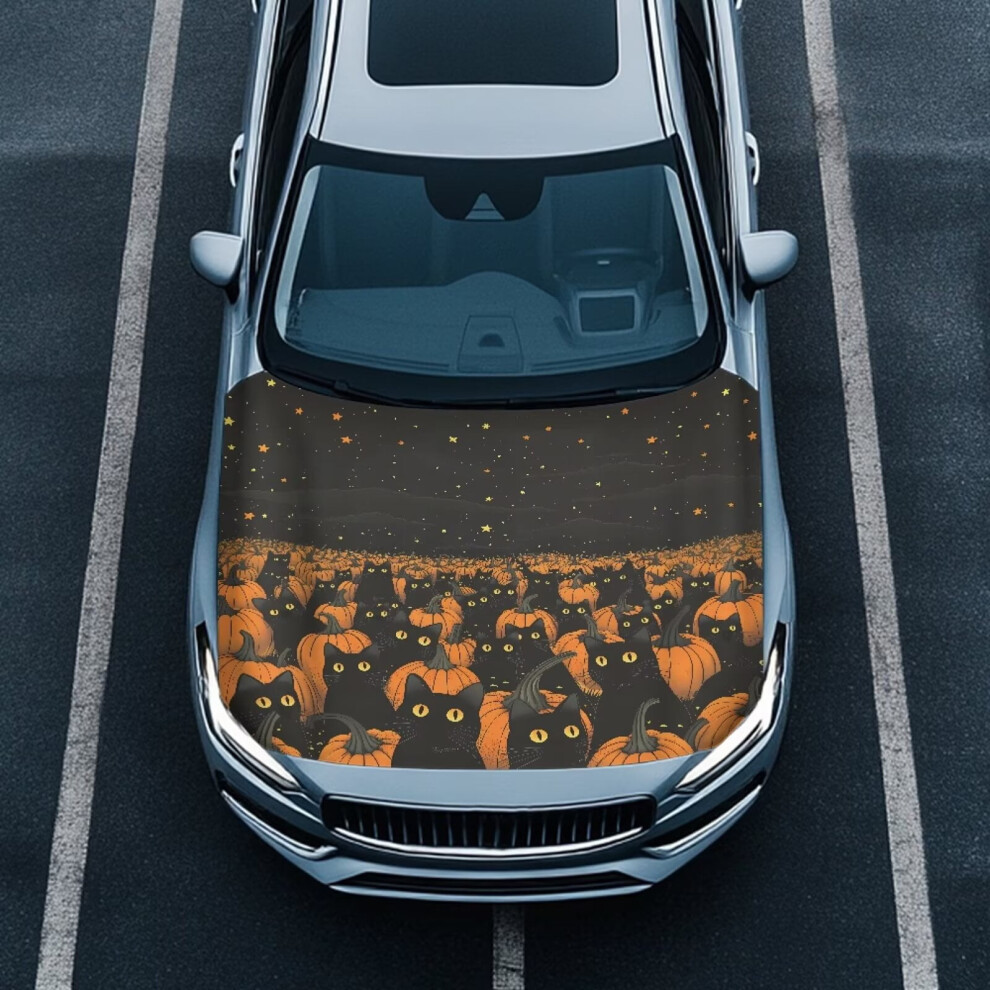 Car Hood Cover Pumpkin Cat Design Universal Snowproof Black 9085618938939
