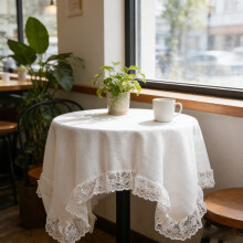 Lace-Trimmed Linen Tablecloth, 40" Round, Solid Color, Machine Washable, Compatible with Formal & Casual Settings