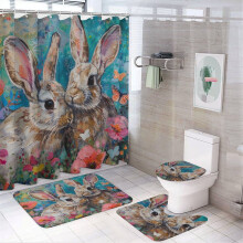 4-Piece Bathroom Rug Set with Shower Curtain – Bunnies, Butterflies & Floral Design, Waterproof, Compatible with Easter Spring Decor
