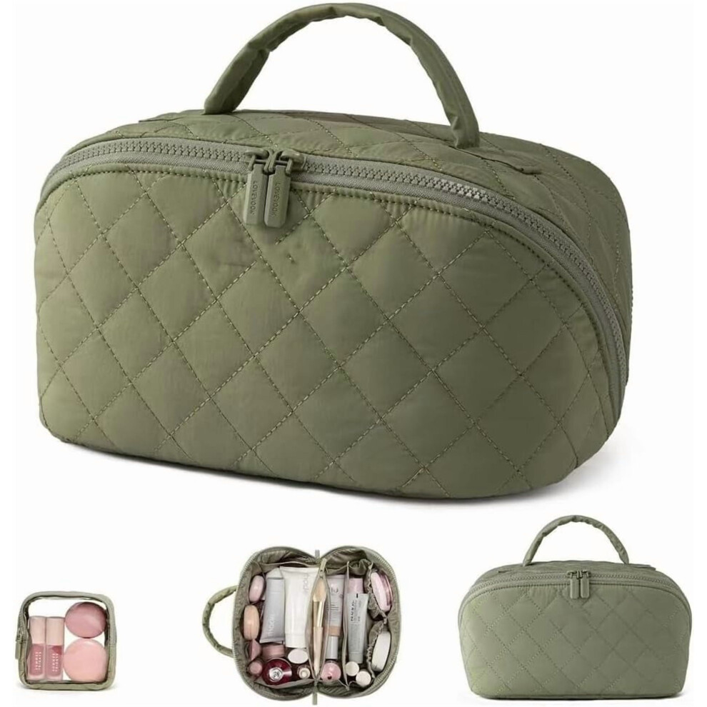 Travel makeup bag, quilted cosmetic bag organizer with compartments and handle, a must-have for airport travel.
