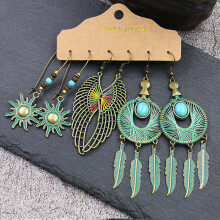 Boho Turquoise Drop Earrings – Retro Copper Feather & Leaf Dangle, Vintage Western/Cowgirl Style, Hollow Dream Bead Set, Women's Gift