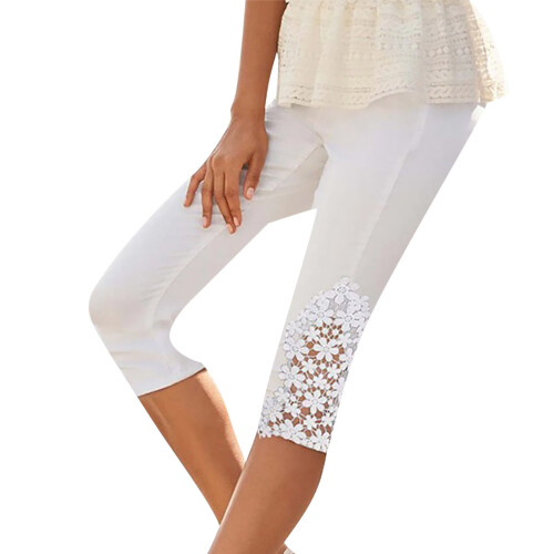 Caveitl Plus Size Capri για γυναίκες, Γυναικείο Σέξι Casual Μονόχρωμο Παντελόνι με Δαντέλα 3/4,