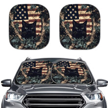 American Flag Forest Black Cat Car Sun Shade, 2-Pc Folding Windshield Shade, Reflective Polyester, Compatible with All Cars