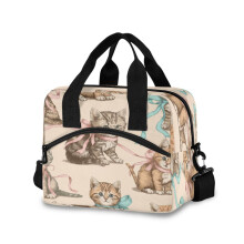 Sac à lunch isotherme bandoulière 10 L avec bandoulière ajustable, motif chat et ruban, idéal pour le travail, le bureau et les pique-niques.