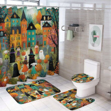 4-Pc Halloween Shower Curtain Set: Rug, Toilet Lid Cover & Non-Slip U-Shape Mat, 72"x72", Bathtub Decor