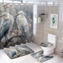 Ensemble de douche 4 pièces avec rideau de douche à motifs de hérons, tapis antidérapant, couvre-abattant de toilette et tapis de bain –