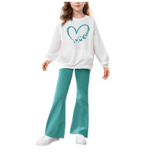 Kids Toddler Girl Fall Winter Clothes Heart Print Graphic Crewneck Sweatshirts Flare Pants Set Bell-Bottoms Outfits White 7-8 Years