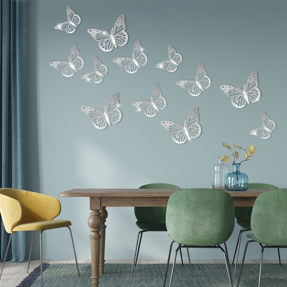Wall Stickers Metal Texture 3D Stereoscopic Hollow Simulation Butterfly Wall Stickers 12 Pcs,Silver Home Wall Stickers 9193271993216