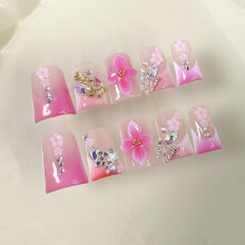 (S) Pink Duck Flower False Nails, Long Lasting for Work & Party