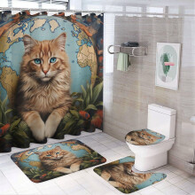 4Pcs Shower Curtain Set with Non-Slip Rugs & Toilet Mat – Cats Around the World Design, Waterproof, Durable Bathroom Decor, Cat Lover Gifts