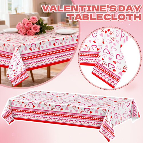 Heart Red Plastic Tablecloth Waterproof 54x108 Inch 1-Pack 1