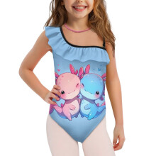 Girls Bathing Suits Kids 1-Piece Quick Dry Sport Halter Swimwear Pink and Blue Axolotl One Shoulder Beach Vacation Tankini Swimsuit, Size 5-6