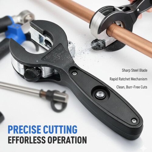 RATCHET-TYPE PIPE CUTTER, PIPE DIAMETER RANGE 0.23-1.14 INCHES, ADJUSTABLE, 360 COMPACT DESIGN, TELESCOPIC BLADE HEAD, with DEBURRING TOOL. 1