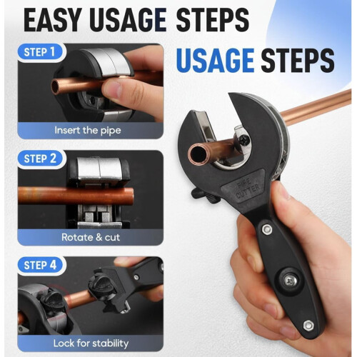 RATCHET-TYPE PIPE CUTTER, PIPE DIAMETER RANGE 0.23-1.14 INCHES, ADJUSTABLE, 360 COMPACT DESIGN, TELESCOPIC BLADE HEAD, with DEBURRING TOOL. 2