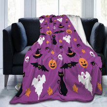 Halloween Pumpkin Throw Blanket Purple Ghost Bat Spooky Cats Bed Blanket Soft and Cozy Flannel Blankets for Couch Beds Bedroom Sofa Chair 50x60inch