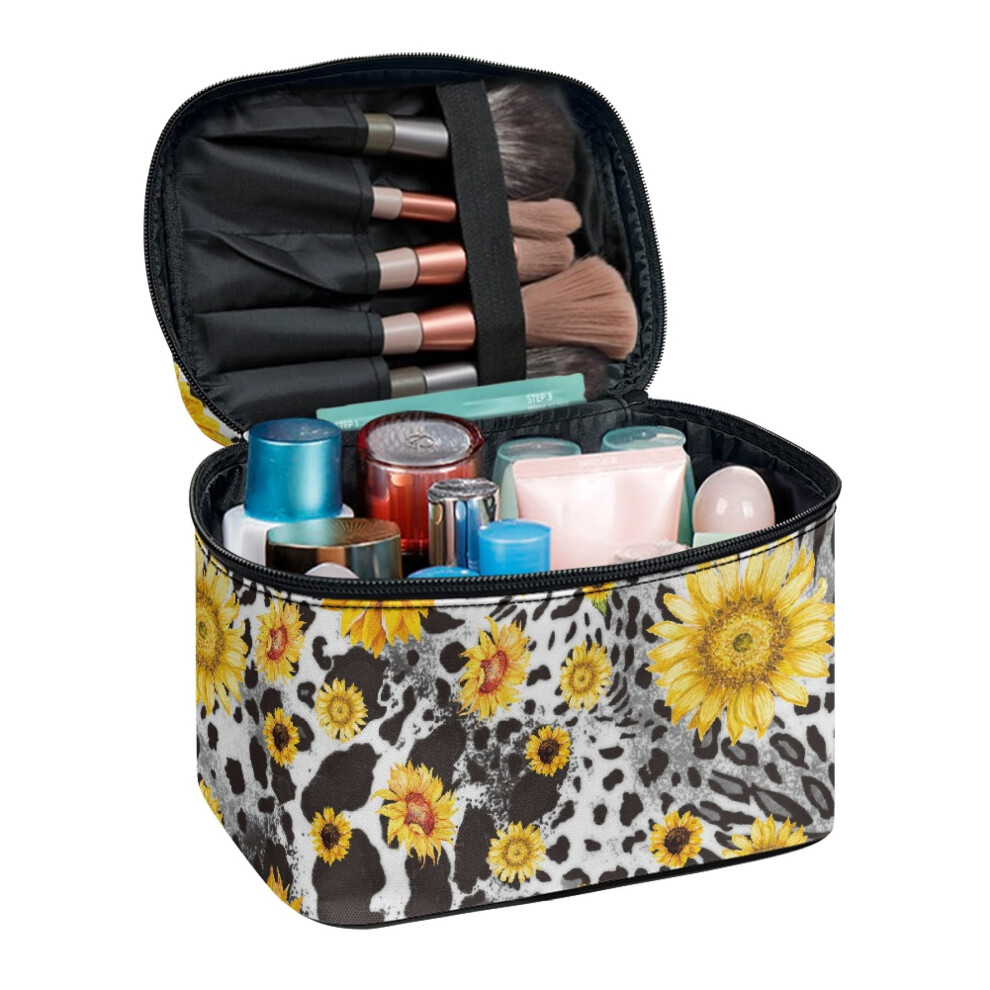 Women Travel Makeup Bag Organizer Sunflower Leopard Mix Beauty Brush Holder Makeup Organizer with Large Capacity Durable Bridesmaid with Brush Holder
