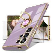 Samsung Galaxy S25 Ultra Case with Screen Protector, 360 Rotating Magnetic Ring Holder, Shockproof Electroplated Cover, Purple