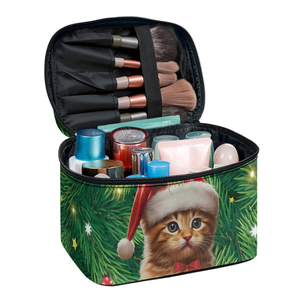 for Cosmetics (8.86"x6.5"x5.9") Practical Top-Handle Cosmetic Bag Double Zipper Large Capacity Makeup Bag Christmas Cat Pattern Design