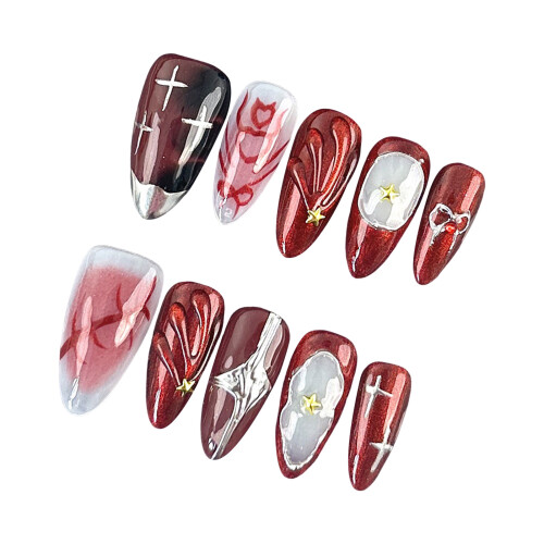 (S) Star Press-on Nails - Red & White Unbreakable DIY