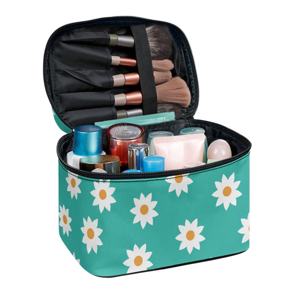 Daisies Travel Cosmetic Case Organizer with Brush Slots Portable Makeup Cosmetic Bag Organizer Beauty Brush Holder Handle