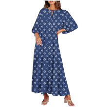 Casual, losse bohemian maxi-jurk voor dames met retroprint, V-hals, pofmouwen en lange swingjurk voor de herfst, strandjurk.