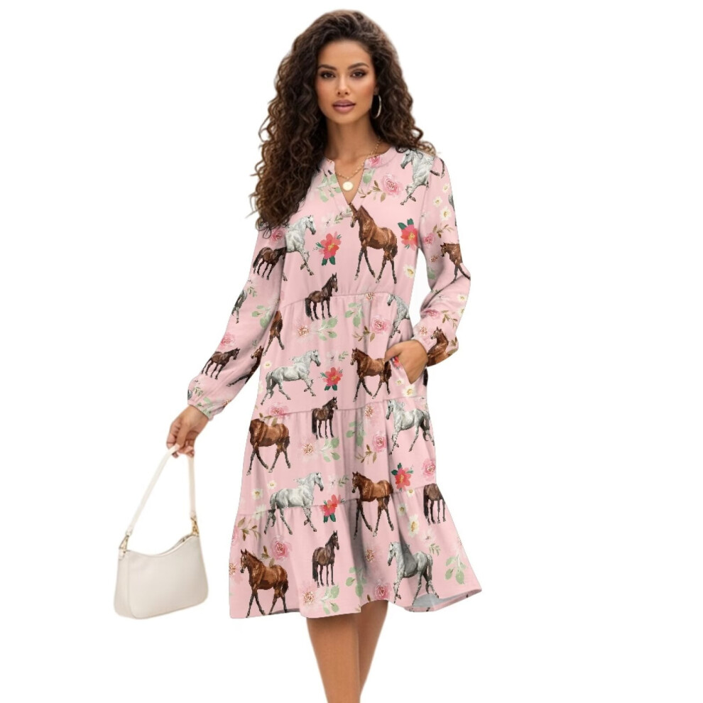 Flower Horse Women's V-Neck Long Sleeve Ruffled Tiered Midi 9087558955342