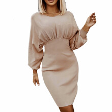 Sexet bodycon-kjole med bådhals og slim fit, lanterneærmer og blyantkjole til kvinder. Plisseret midi-kjole.