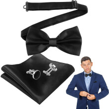 Men's Black Satin Bow Tie Set with Pocket Square and