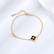 925 sterling silver natural white mother-of-pearl four-leaf clover bracelet for women, black agate exquisite hand jewelry for girlfriend