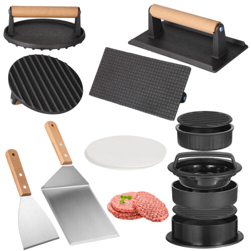 Smash Burger Press BBQ Kit: Cast Iron Round/Rectangular Press, 3-in-1 Patty Maker, Beveled Shovel, 100 Baking Papers