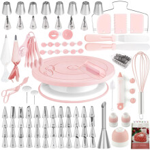 137pcs Cake Decorating Kit with Turntable, Piping Bags & Russian Tips – Light Pink, Compatible with Standard Tools