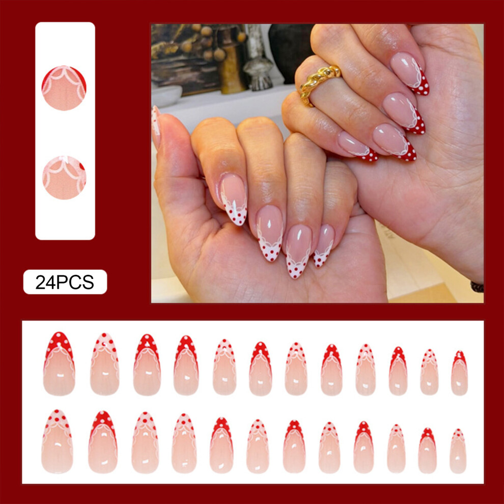Roc-Electron French Lace False Nails, 24Pcs, Polka Dot Design