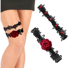2Pcs Wedding Garters for Bride, Floral Lace Thigh Garter with Red Rhinestone, Wedding Bridal Accossories for Women and Girls